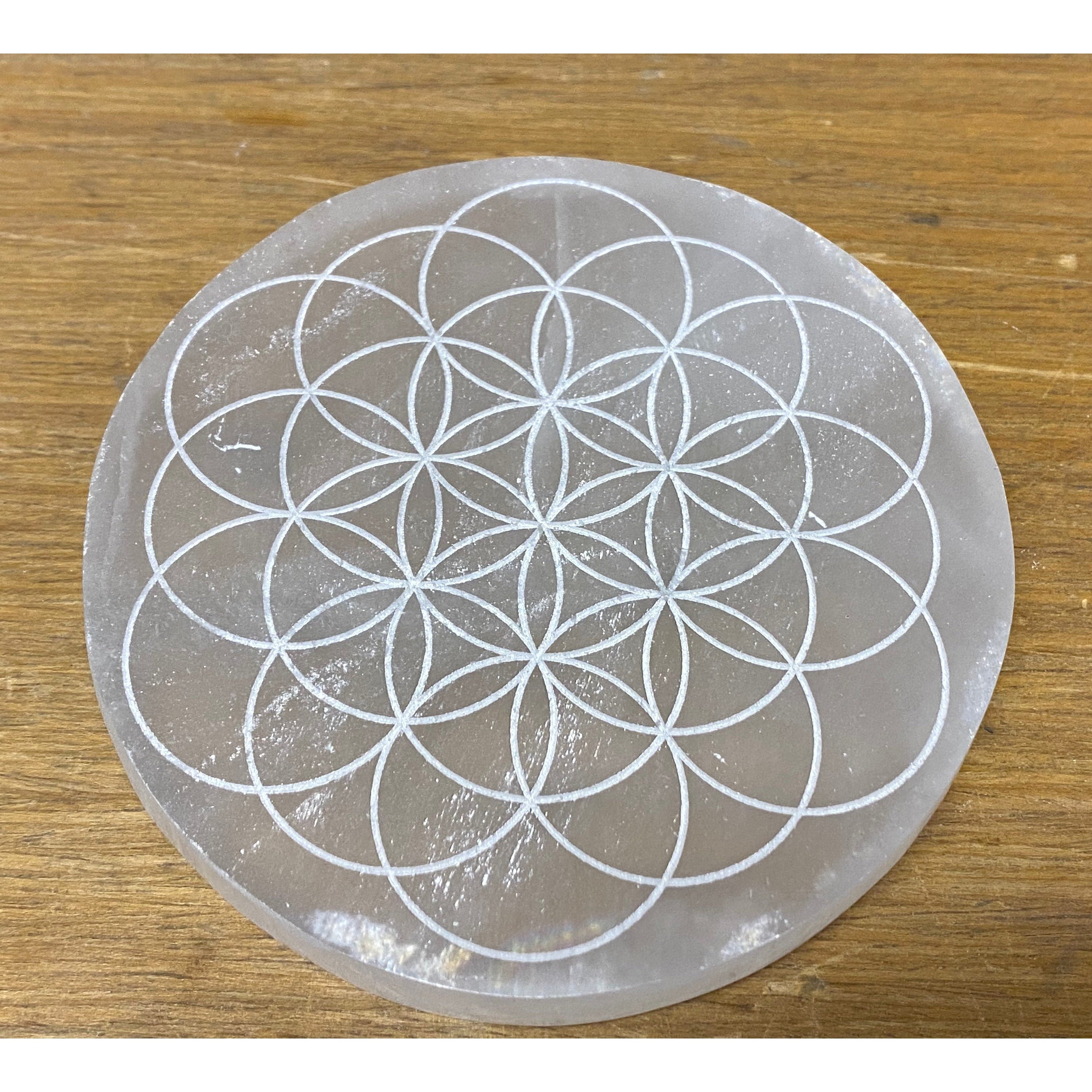 Flower of Life Selenite Laser Engraved Charging Disk