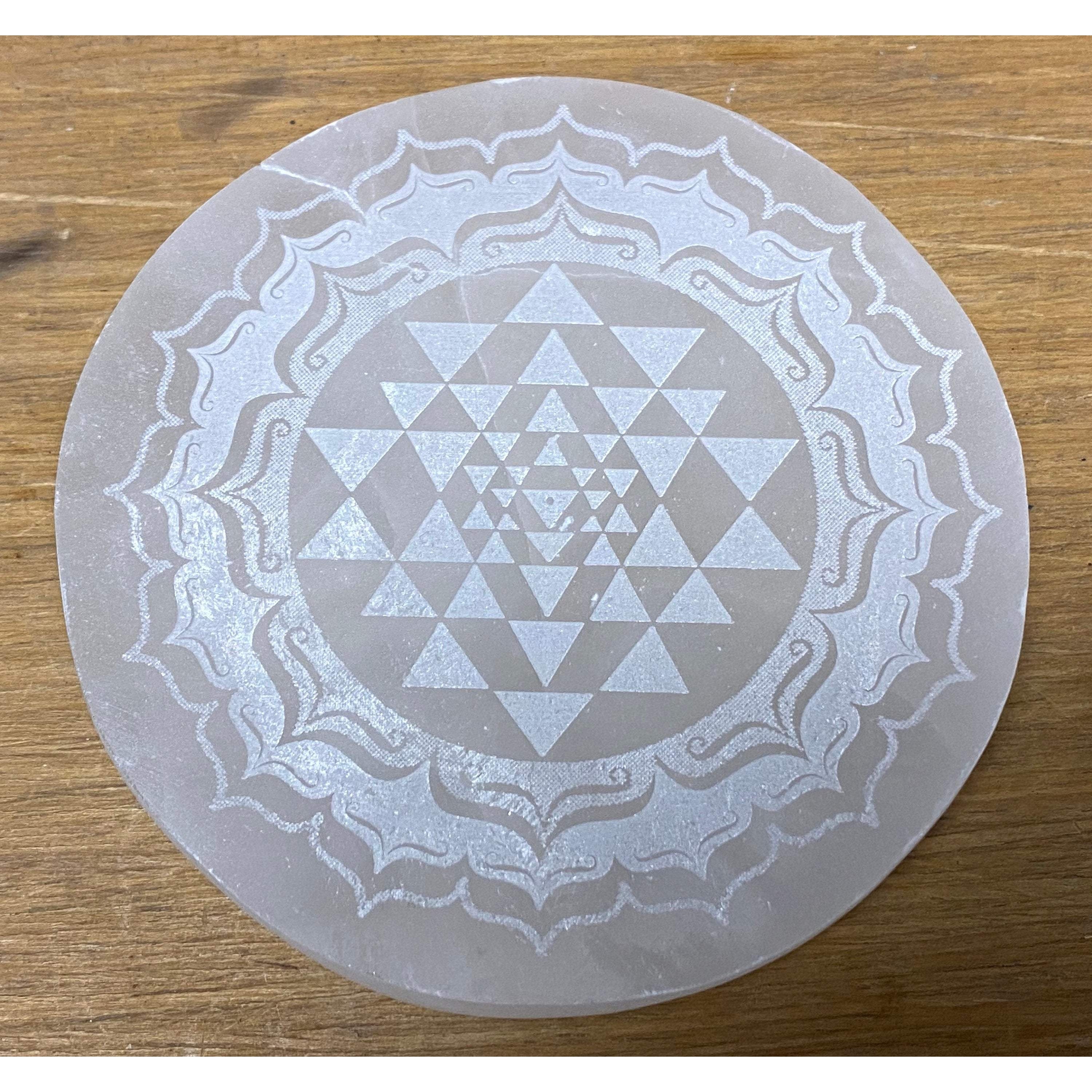 Sri Yantra Selenite Laser Engraved Charging Disk