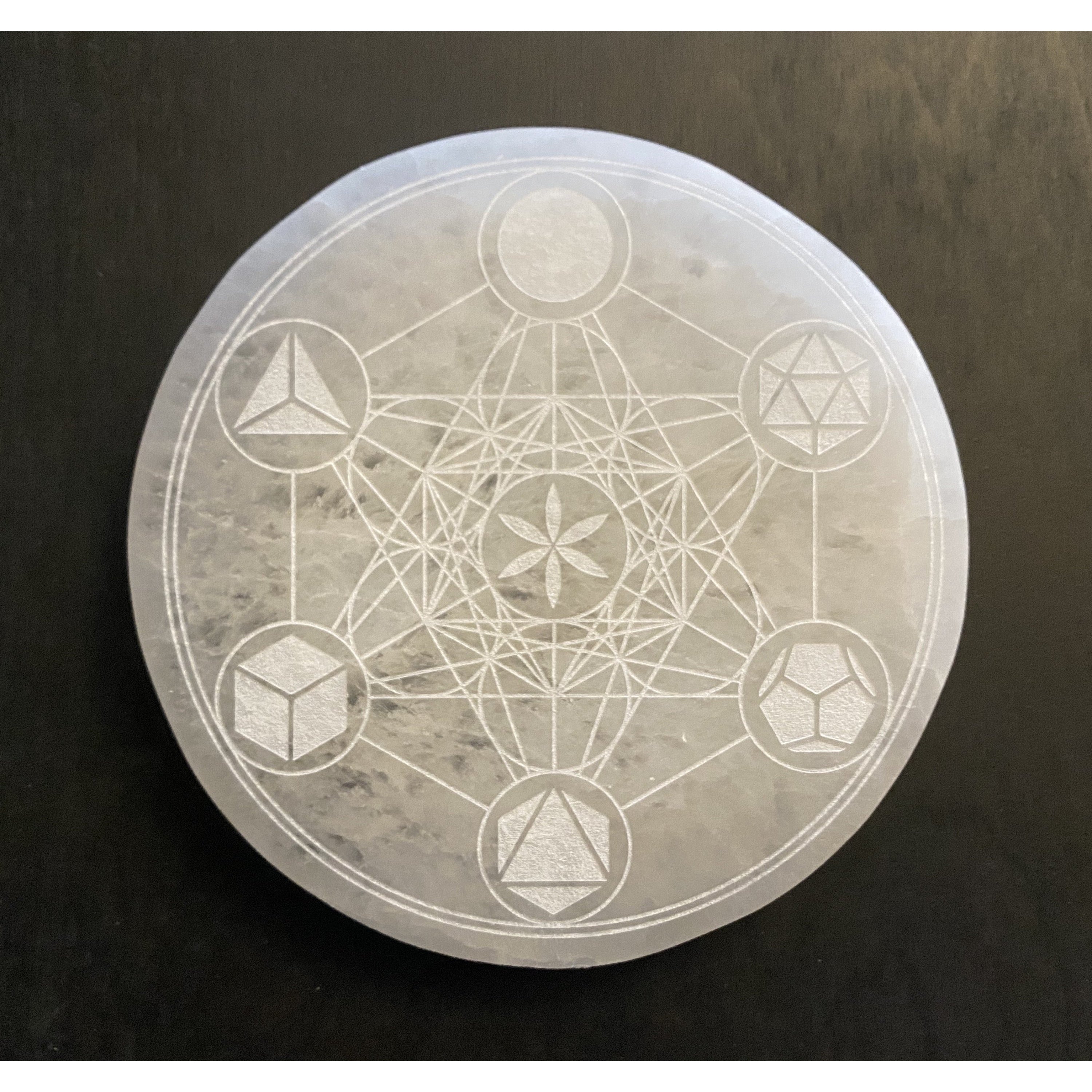 Metatron's Cube Platonic solids Selenite Engraved Charging Disc