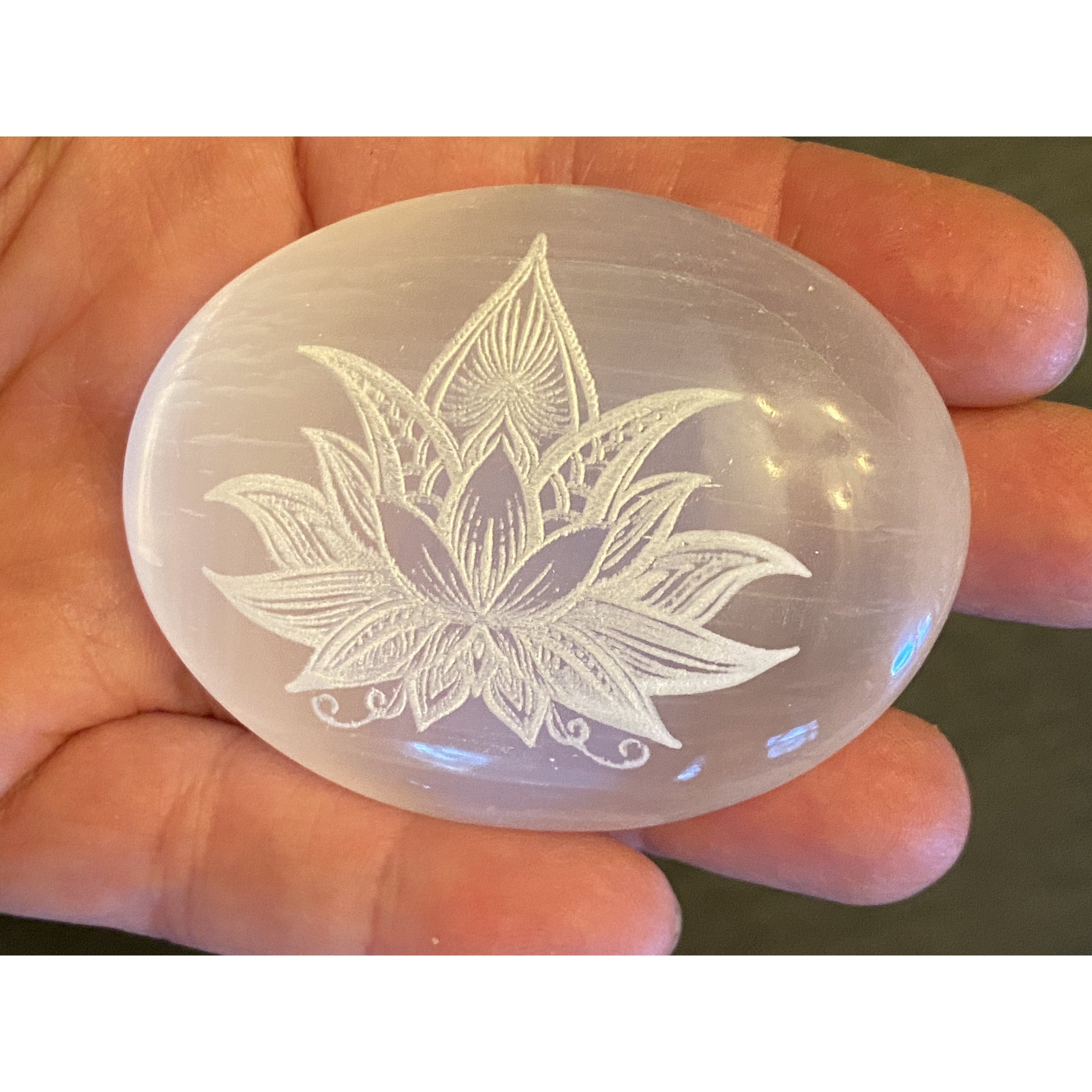 Selenite Palmstone Laser Engraved Lotus Flower