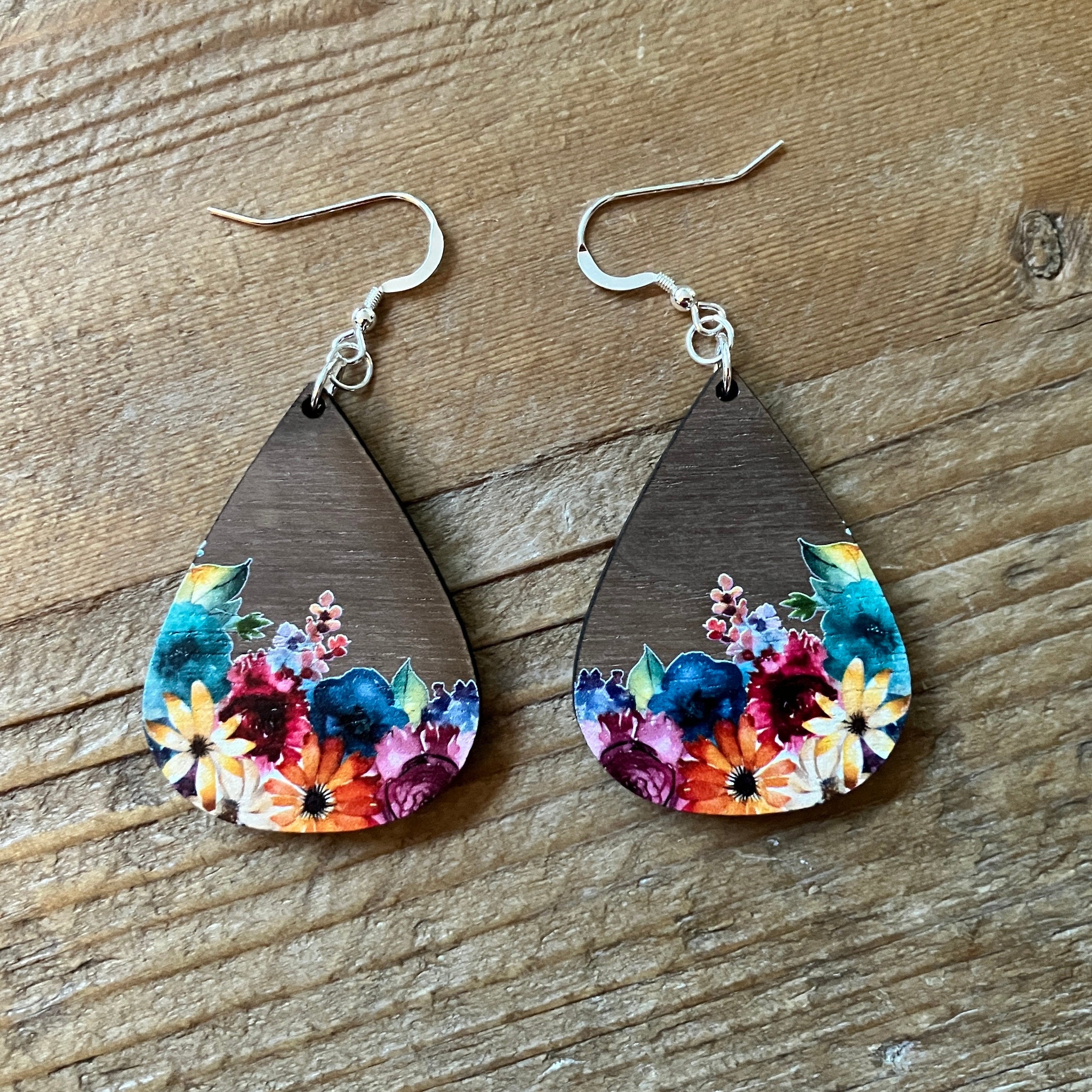 Teardrop Floral Earrings - Dangle Earrings - Walnut Earrings