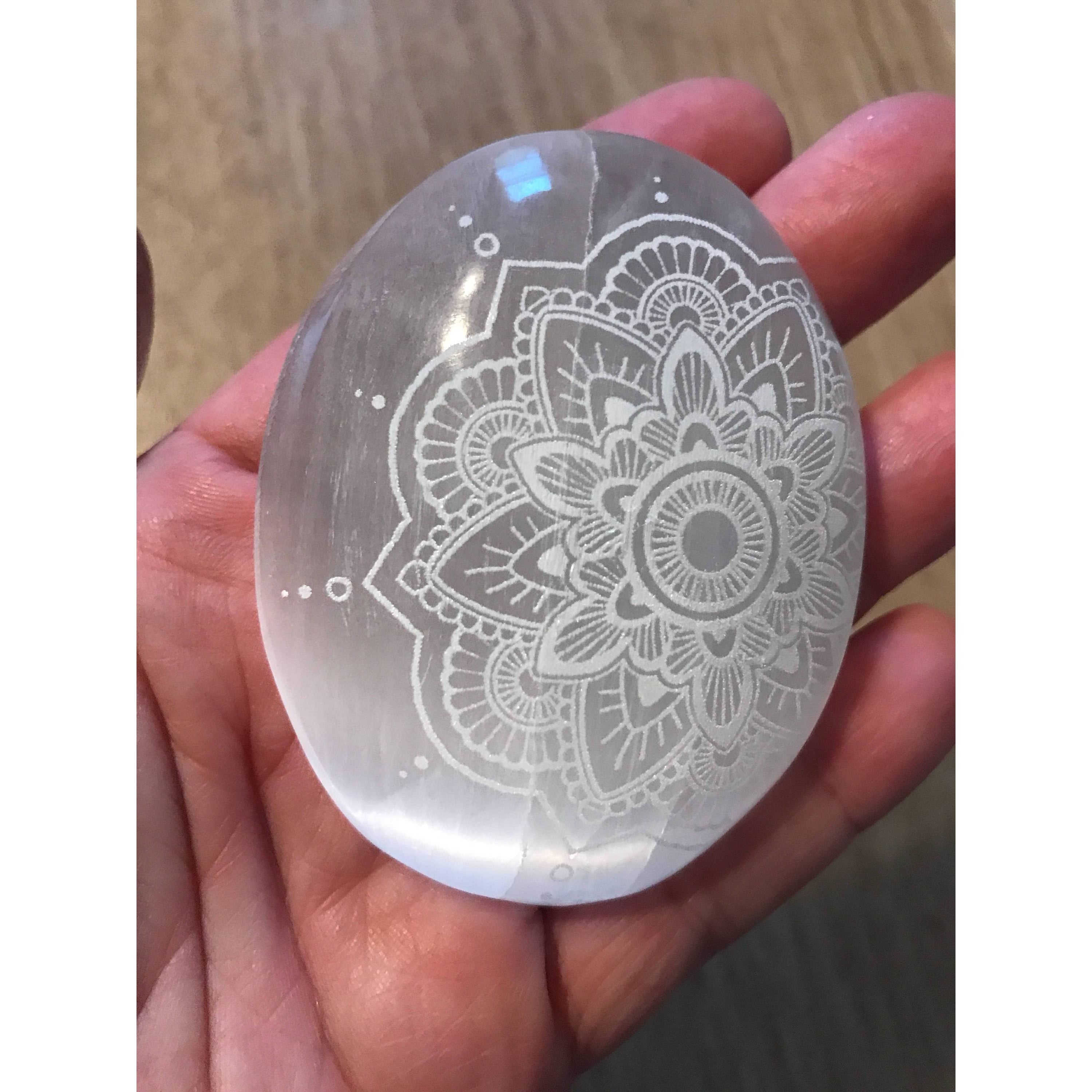 Selenite Palmstone Laser Engraved Mandala