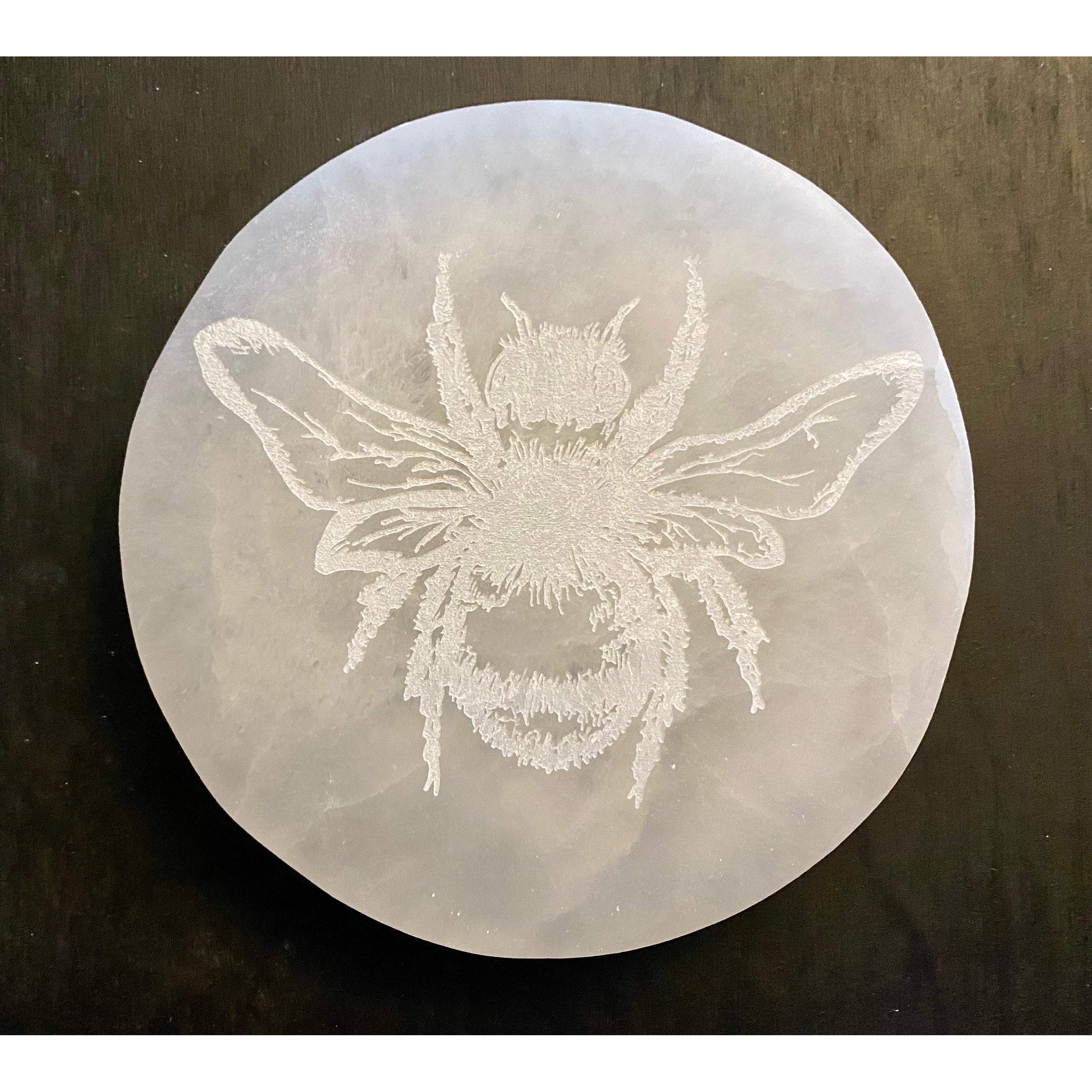 Selenite Engraved Charging Disc Honey Bee 6 Inch
