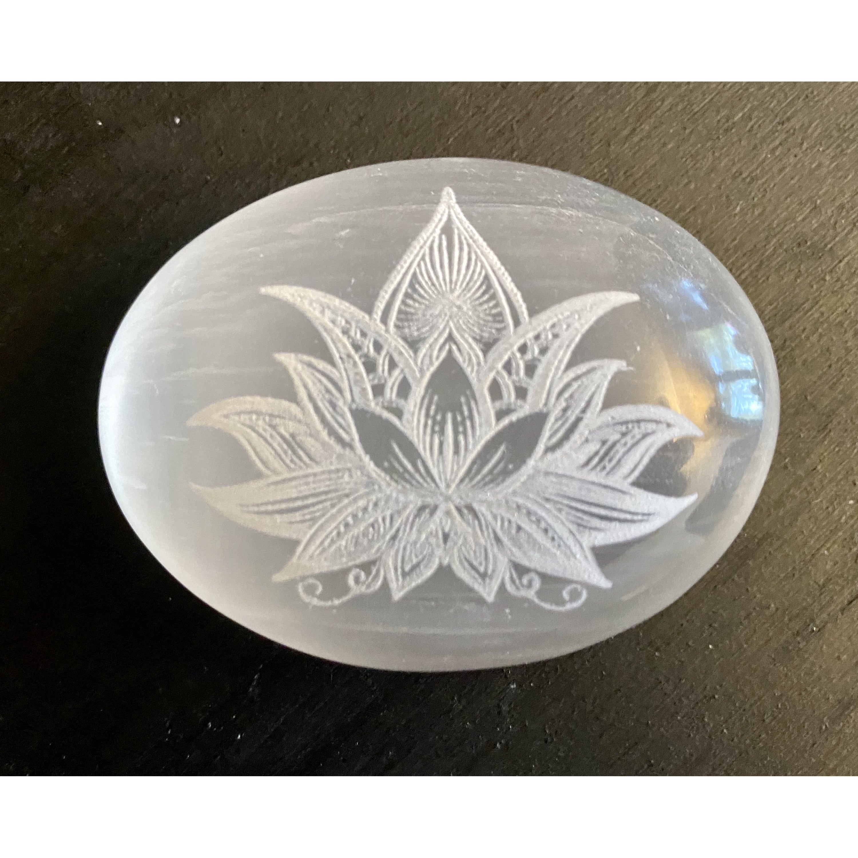 Selenite Palmstone Laser Engraved Lotus Flower