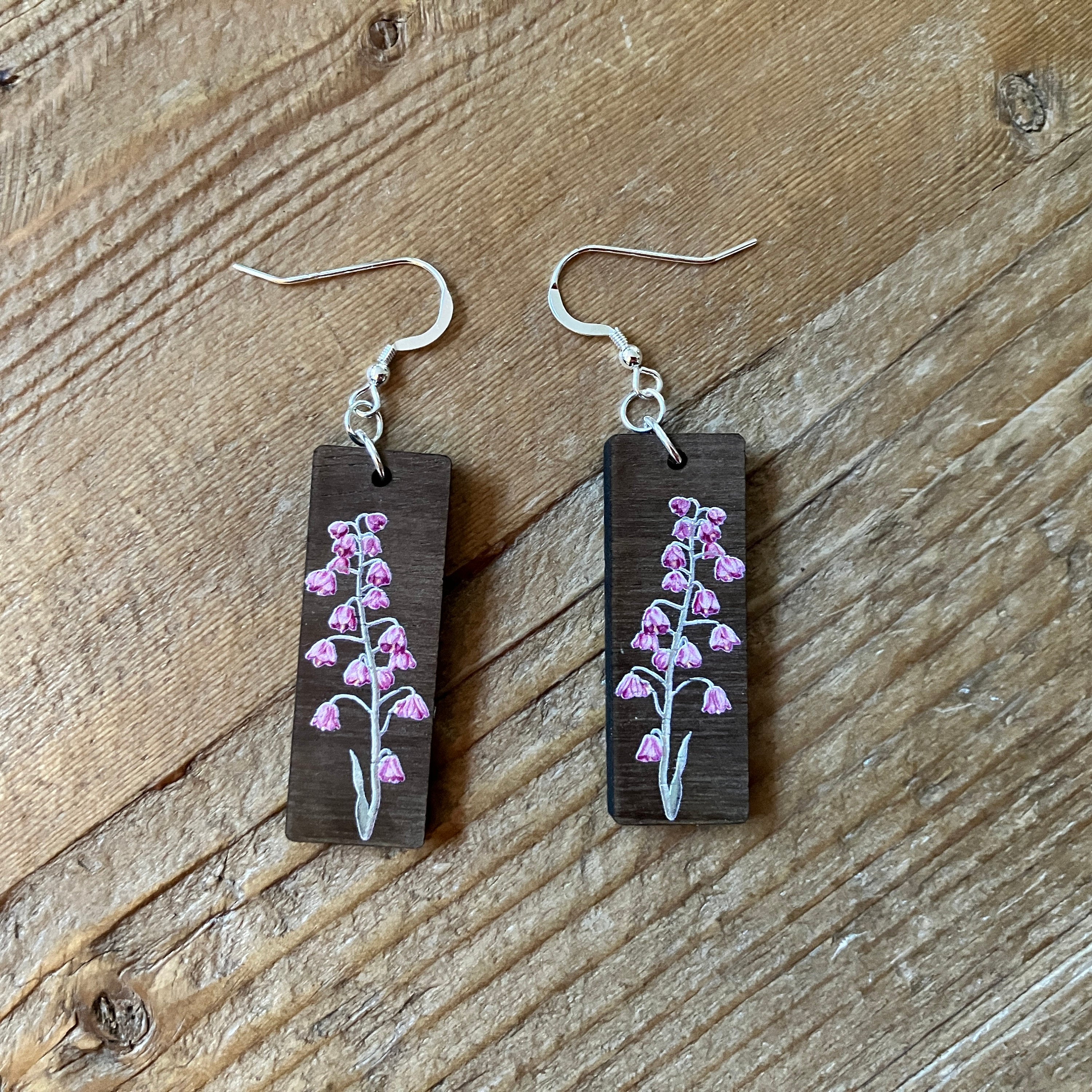 Rectangle Floral Earrings - Dangle Earrings - Walnut Earrings